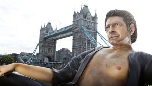 A close-up of the Goldblum statue